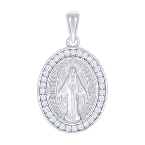 925 Sterling Silver Unisex Cubic-Zirconia Oval Miraculous Virgin Mary Pendant